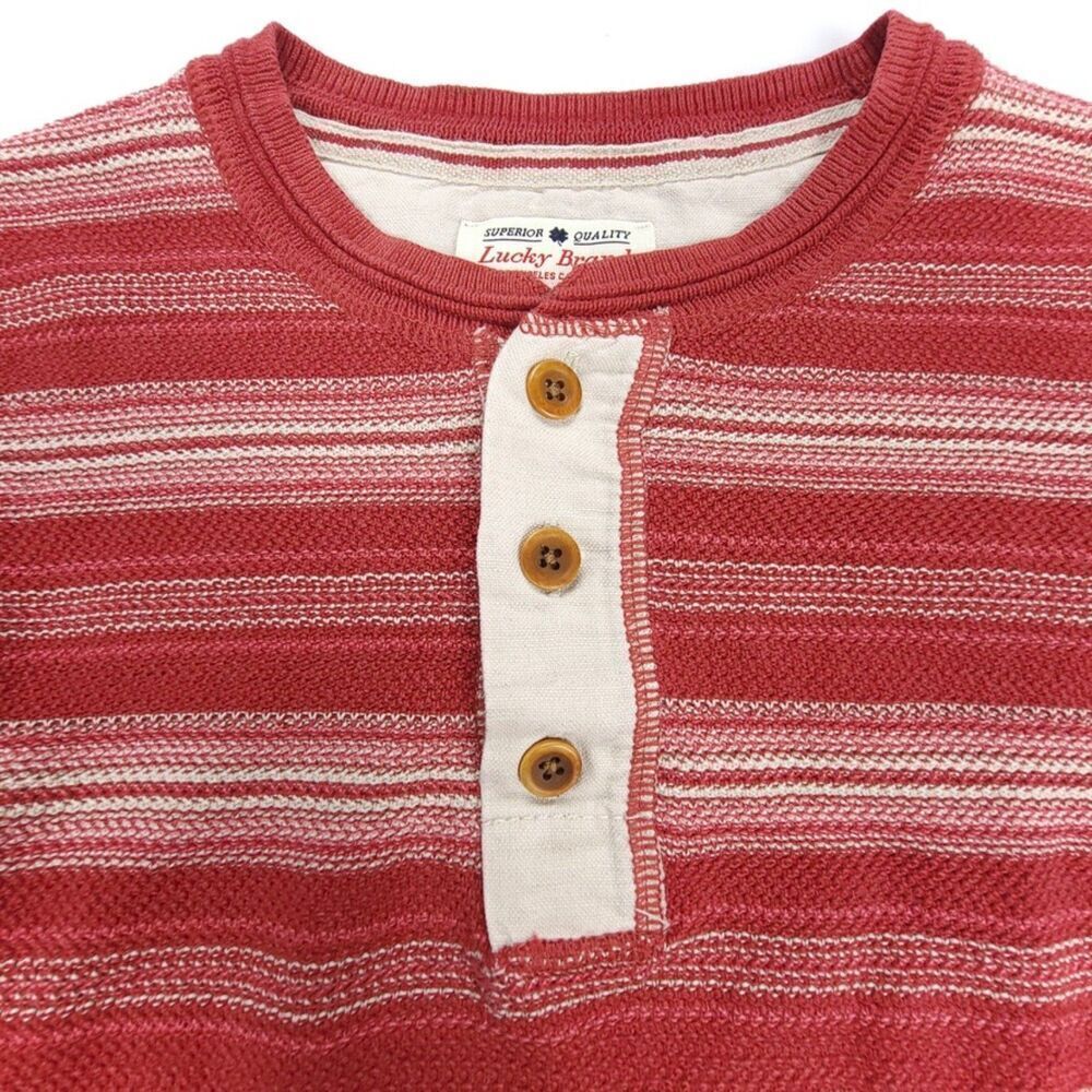 LUCKY BRAND 90s Handcrafted Knit Henley Sweater Mens Large Red Vintage‎ Stripe - Picture 6 of 9